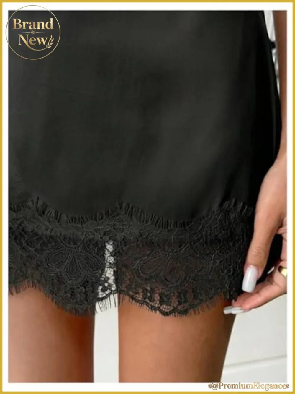 Satin Mini Slip Skirt with Lace Trim Elastic Waist Asymmetrical